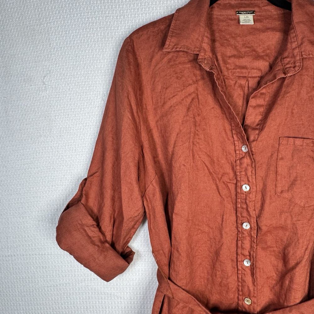 Magaschoni 100% Linen Shirt Dress Coral Roll Tab Sleeve Belted Size Large - Picture 7 of 13
